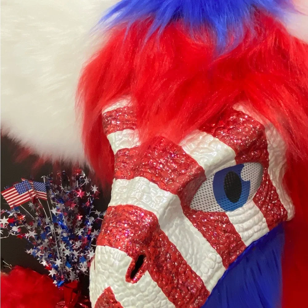 Dino Furry Mask. Patriotic Red White and Blue Glitter Fursuit Head  read detail